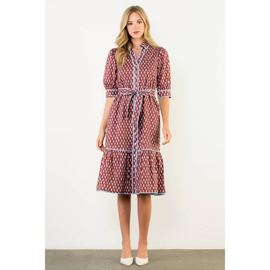 Puff Sleeve Print Midi Dress