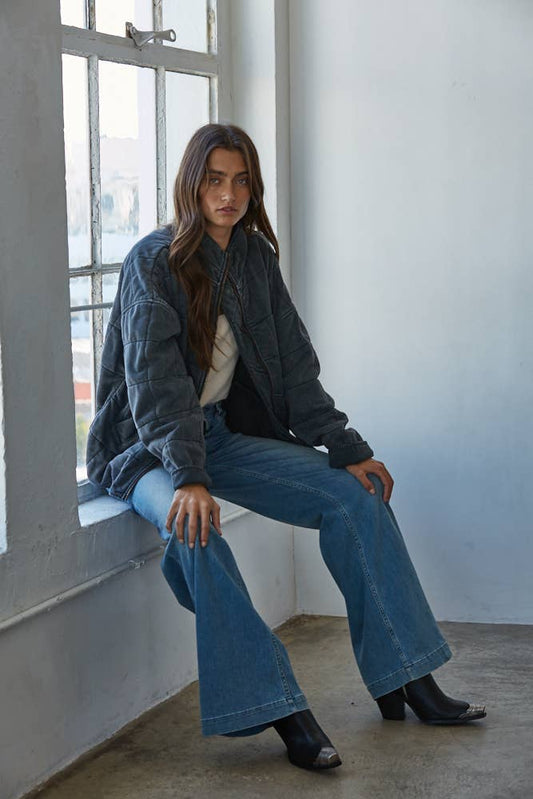 Quilted Knit Mineral Washed Jacket- Charcoal