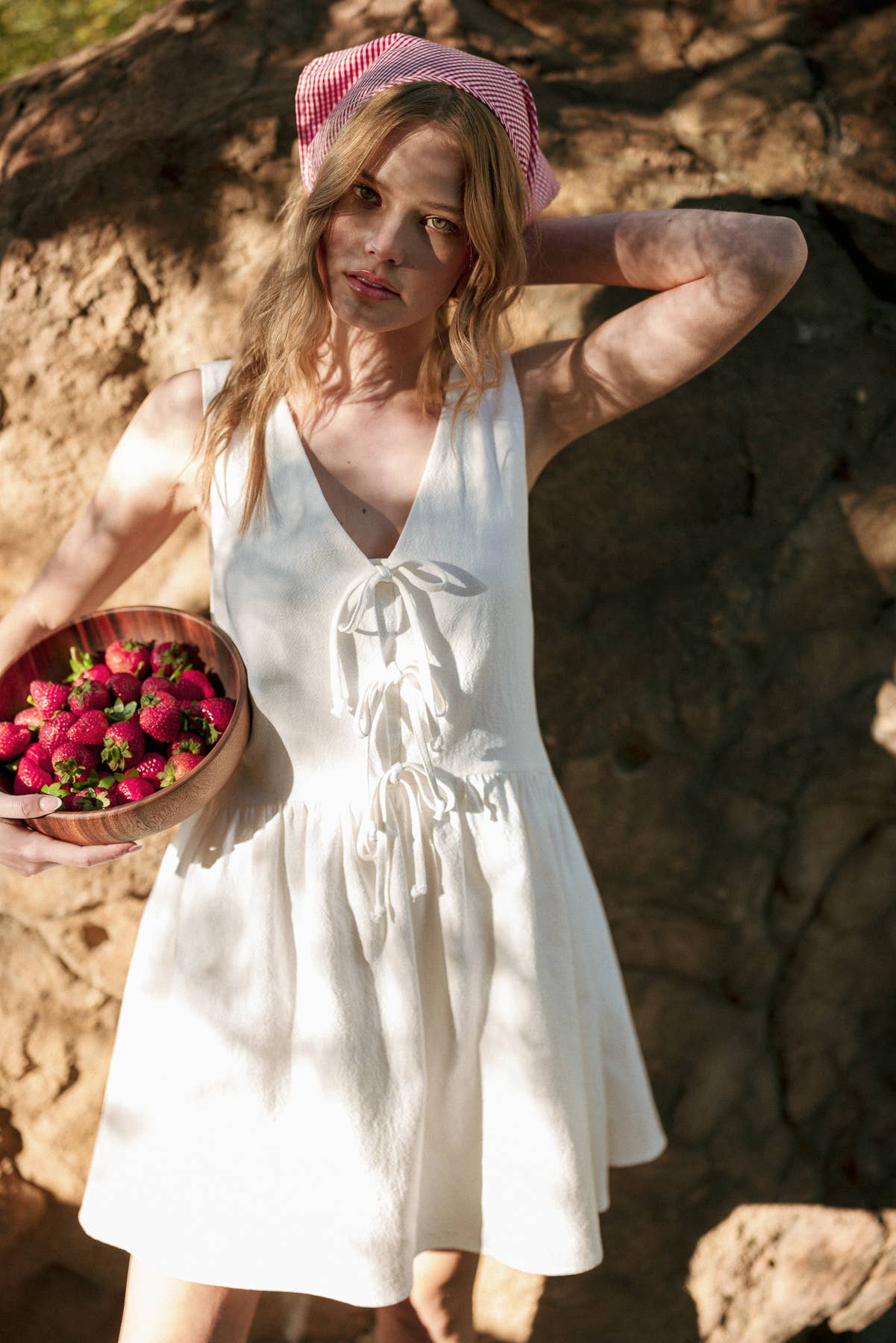 Tie Front Sleeveless Dress- White