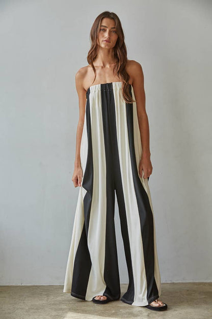 Striped Tube Wide Leg Jumpsuit- Black