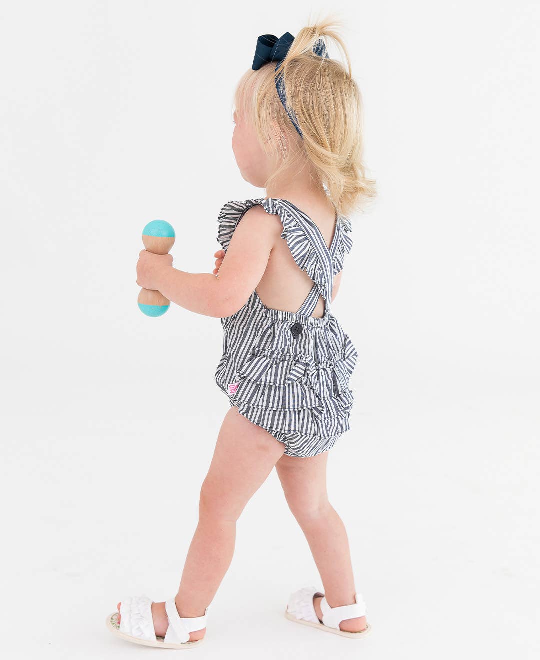 Baby Girls Navy Micro Stripe Woven Pinafore Cross-Back Bubble Romper
