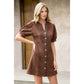 Puff Sleeve V-Neck Button Up Suede Dress