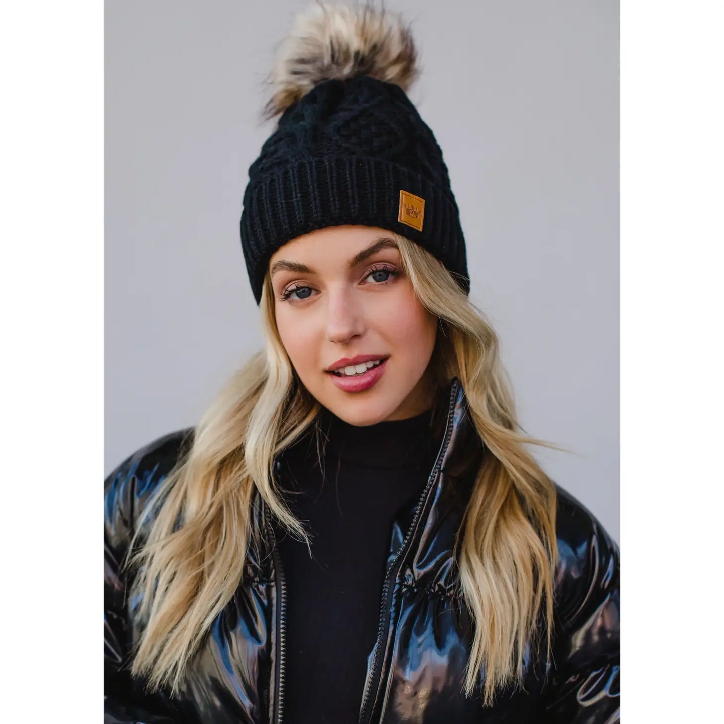 Black Cable Knit w/ Natural Pom Hat