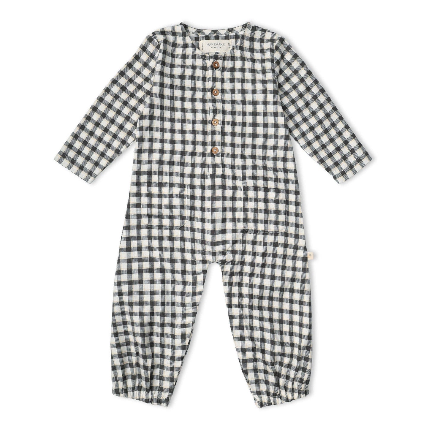 Organic Long Sleeve Button Romper - Charcoal Plaid