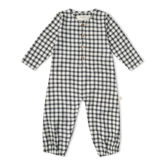 Organic Long Sleeve Button Romper - Charcoal Plaid
