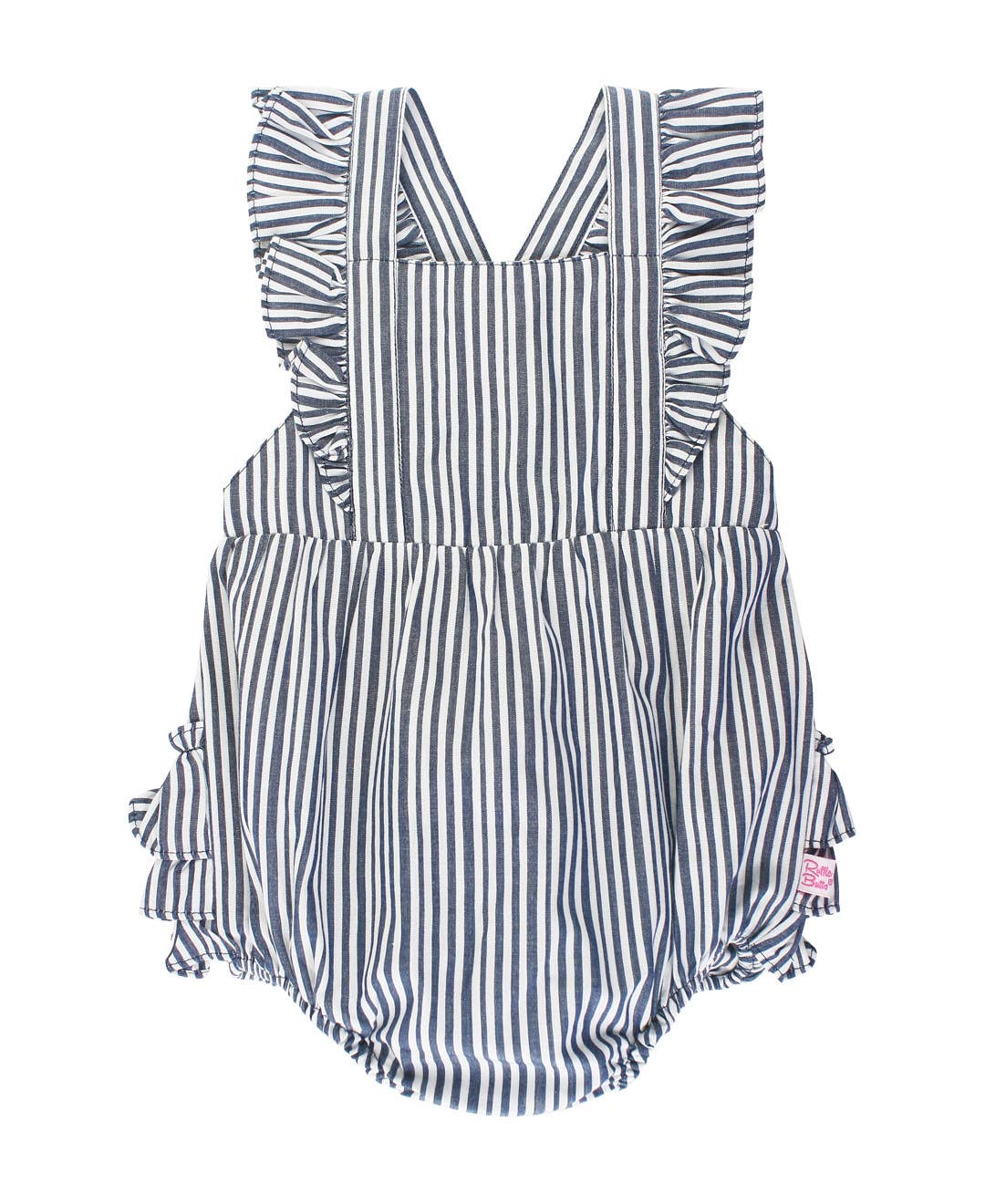 Baby Girls Navy Micro Stripe Woven Pinafore Cross-Back Bubble Romper