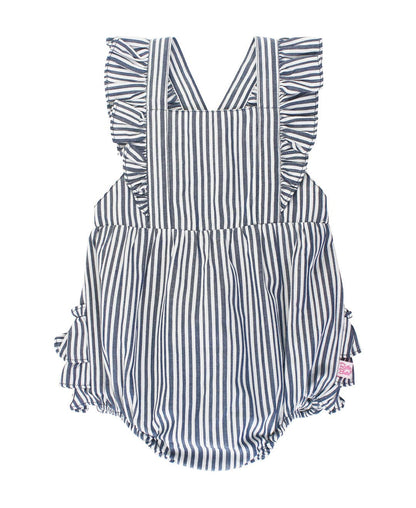 Baby Girls Navy Micro Stripe Woven Pinafore Cross-Back Bubble Romper