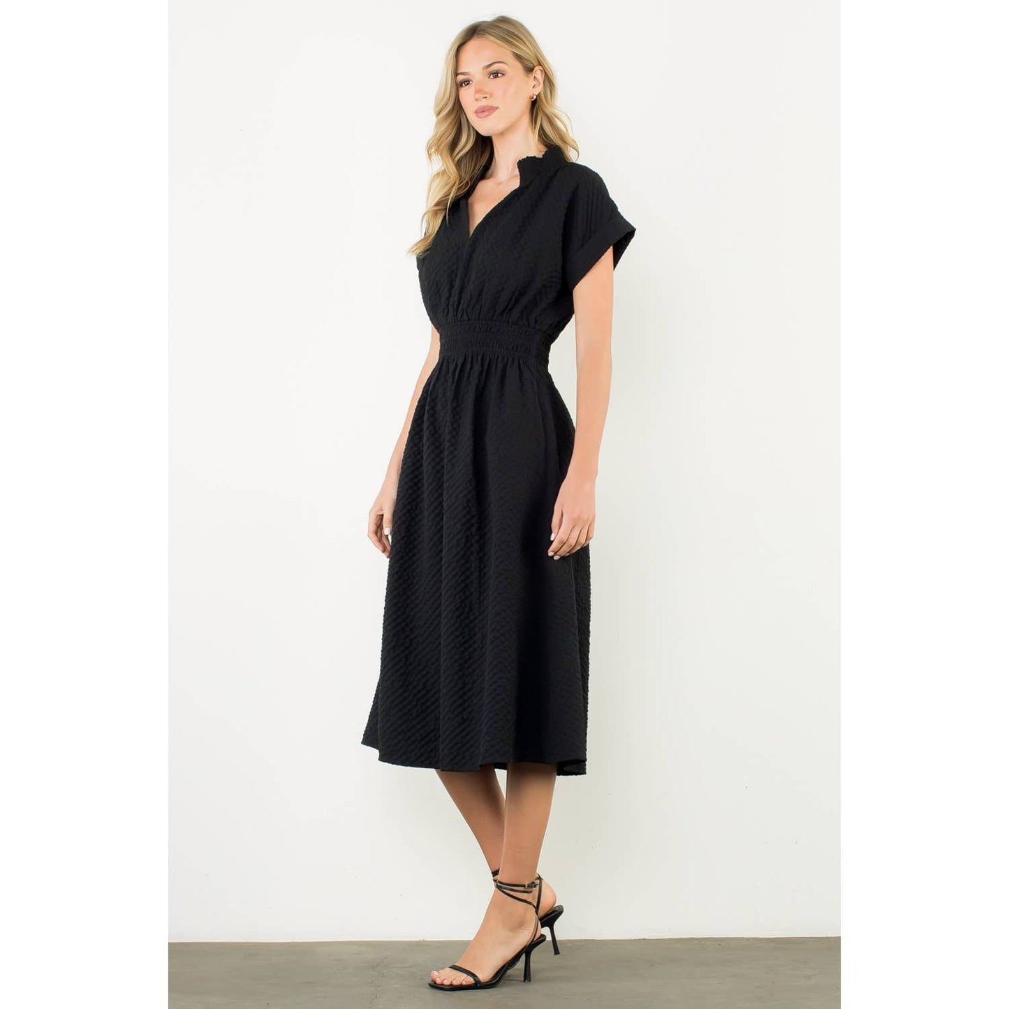 Textured Split Neck Smocked Waist Dress