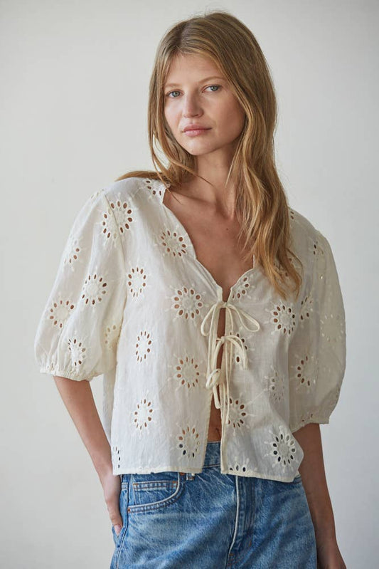 Eyelet V-Neck Tie Front Top