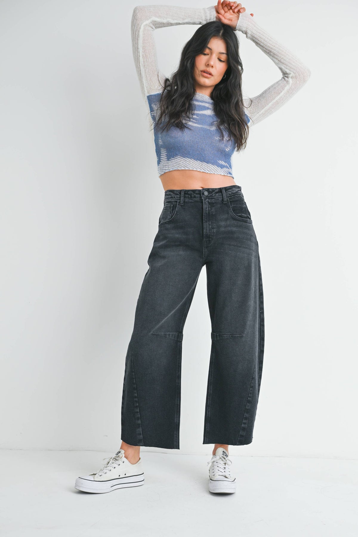 Raw Hem Barrel Jean- Washed Black