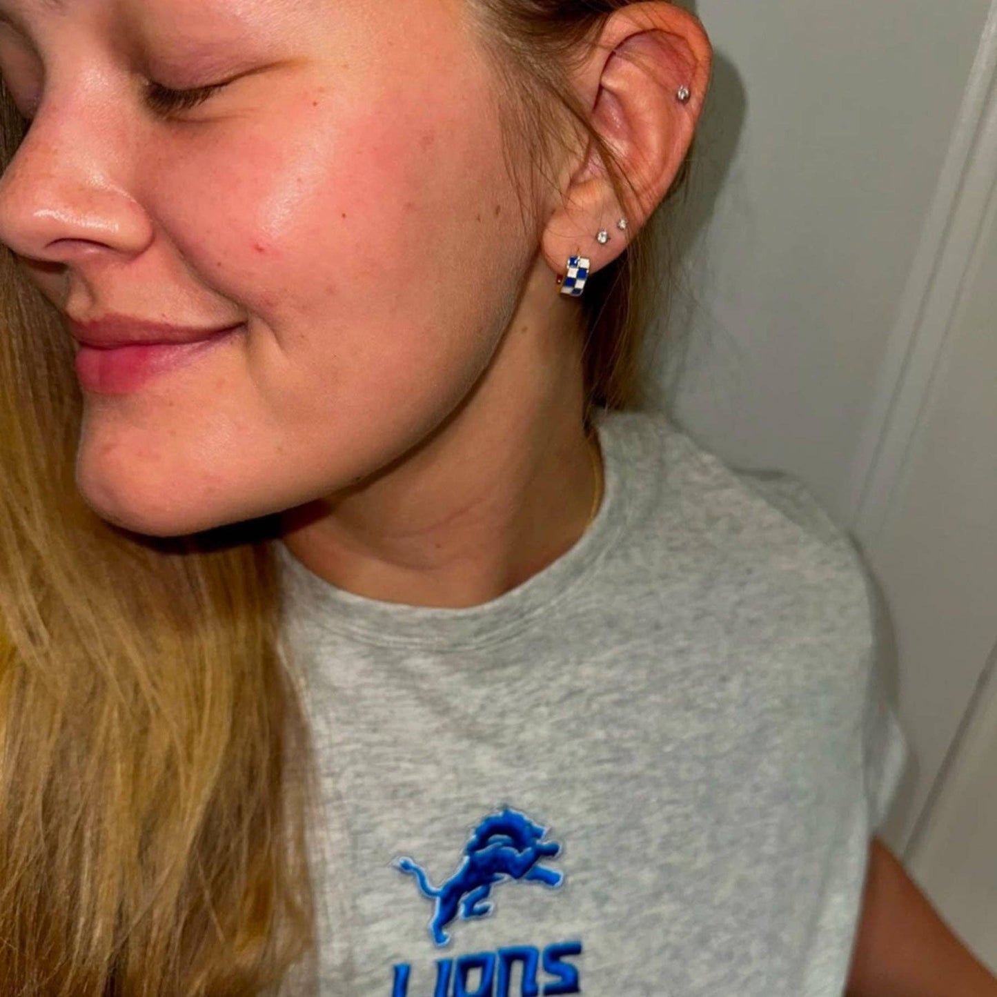 Blue & White Checkered Enamel Huggie Earrings