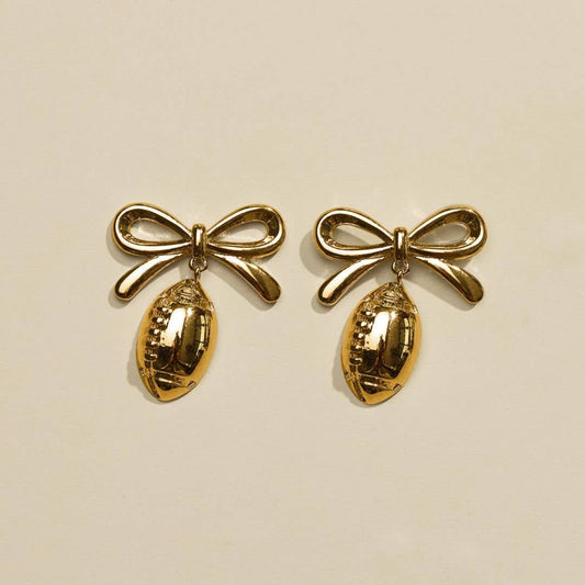 Gold Waterproof Football & Bow Drop Stud Earrings