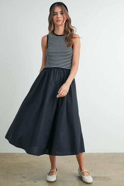 Striped Sleeveless Dress with Pockets - Black