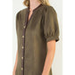 Puff Sleeve V-Neck Button Up Suede Dress