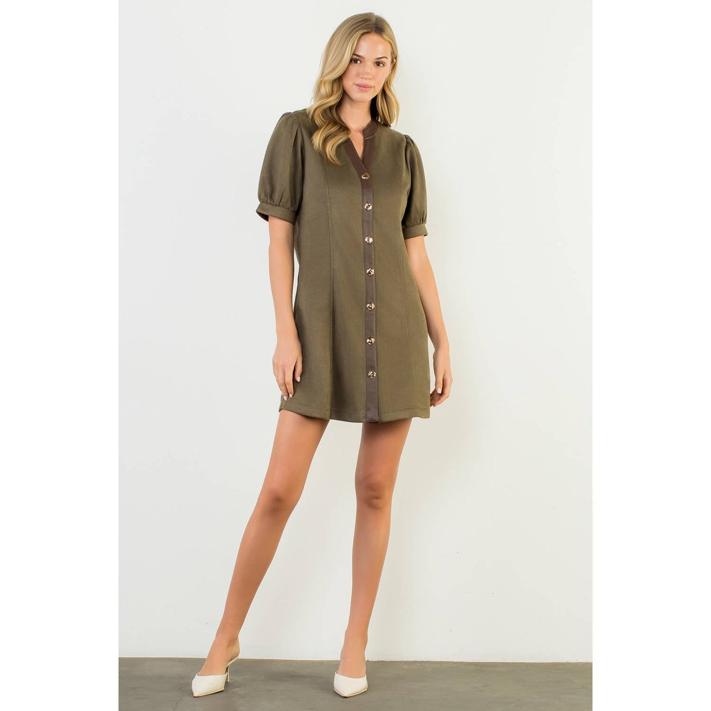 Puff Sleeve V-Neck Button Up Suede Dress
