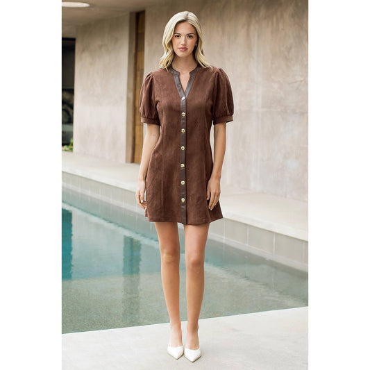 Puff Sleeve V-Neck Button Up Suede Dress