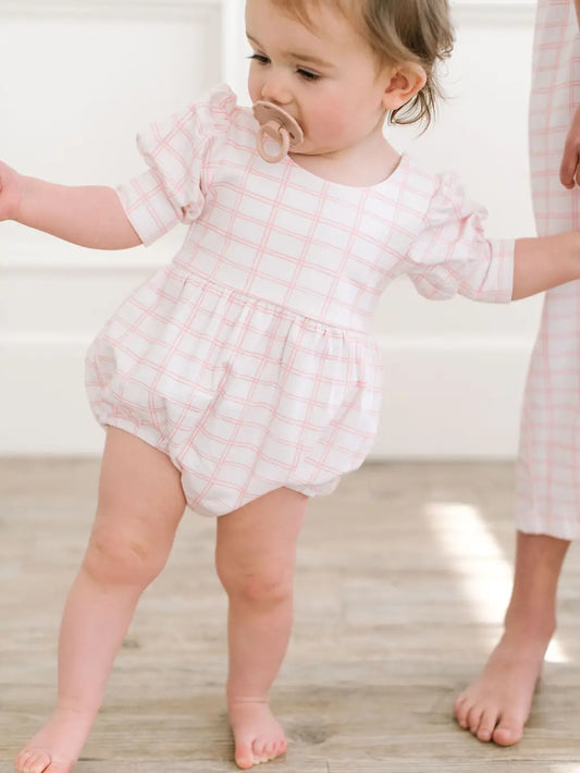 Puff Romper in Pink Picnic | Baby Bubble - Lulie