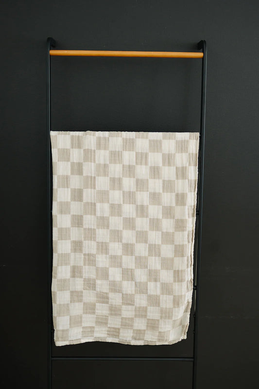 Taupe Checkered Muslin Swaddle Blanket - Lulie