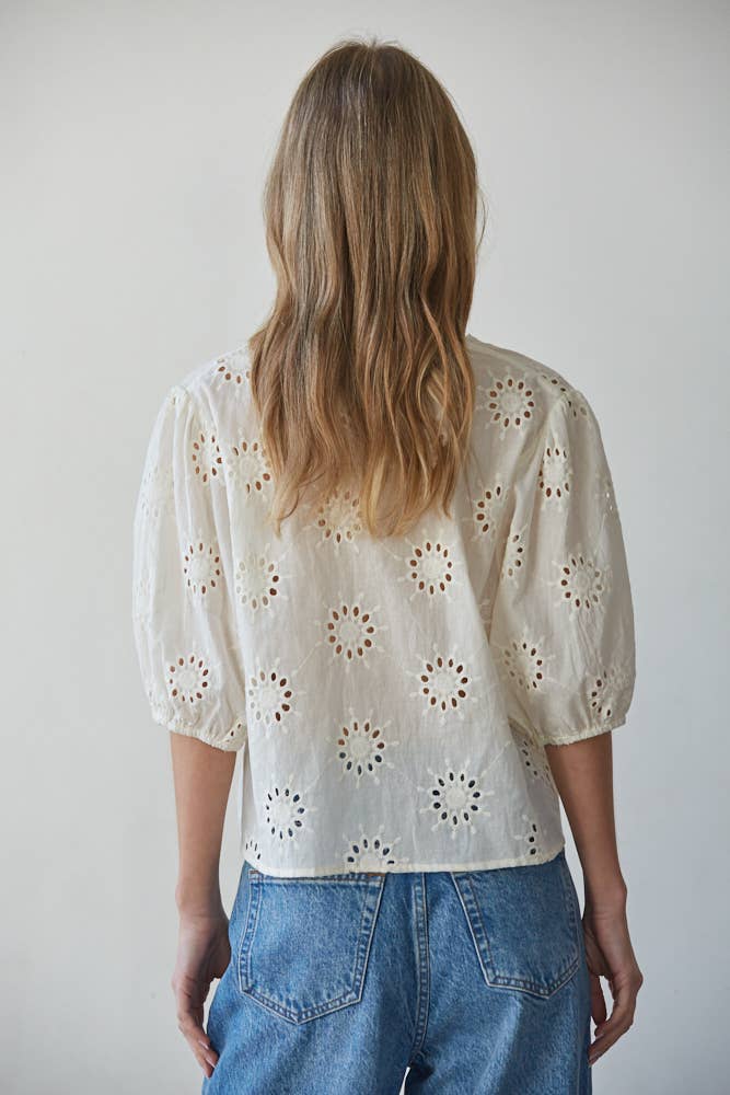 Eyelet V-Neck Tie Front Top