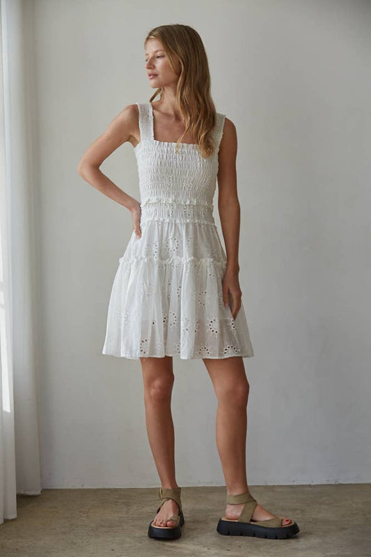 Eyelet Smocked Sleeveless Mini Dress