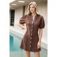 Puff Sleeve V-Neck Button Up Suede Dress