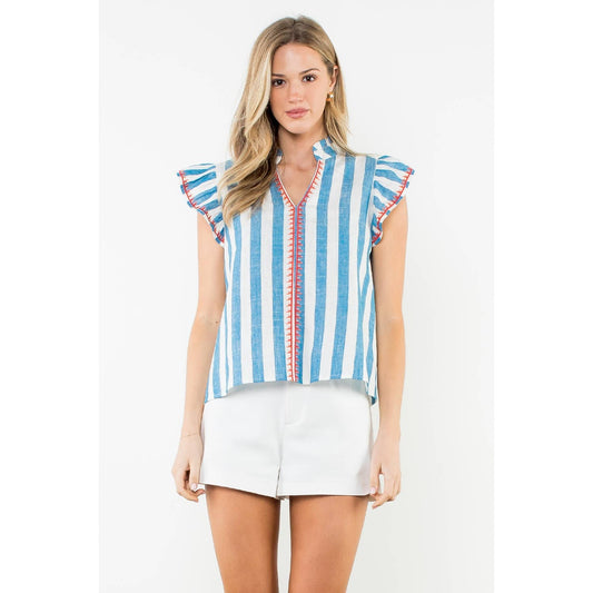 Flutter Sleeve Striped V-Neck Top