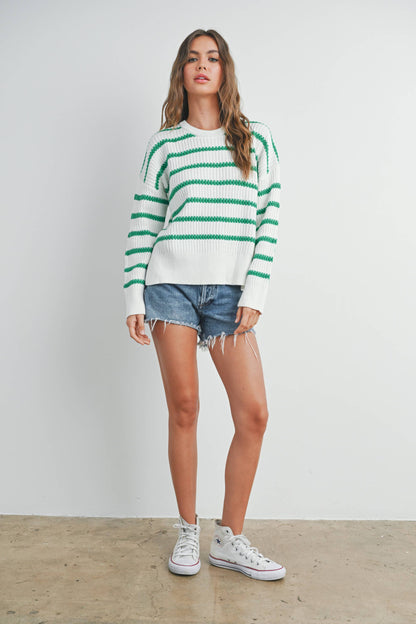 Boat Neck Striped Knit Sweater- Green