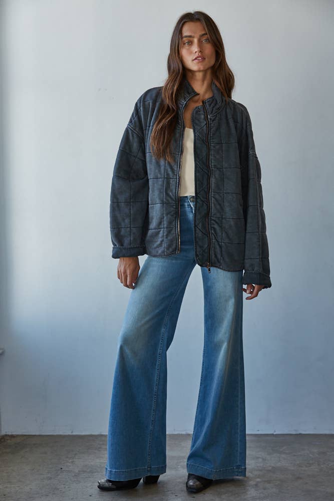 Quilted Knit Mineral Washed Jacket- Charcoal