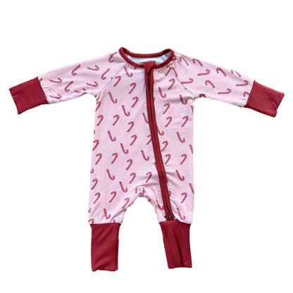 Long Sleeve Zip Romper Bamboo- Candy Cane