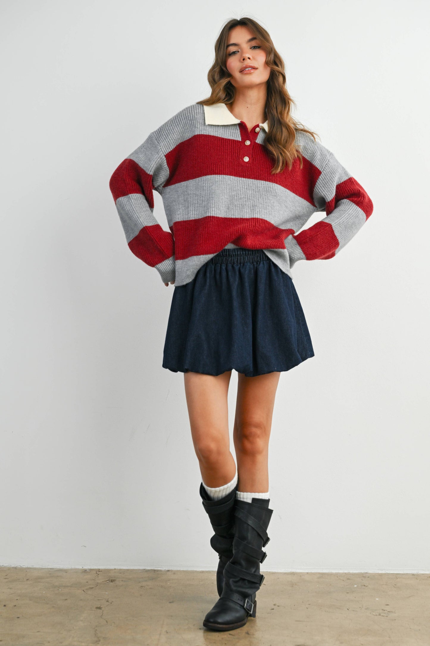 Buttoned Striped Collared Long Sleeve Top