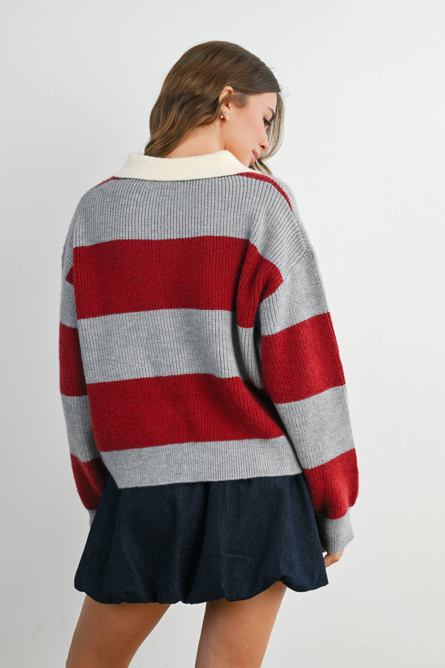 Buttoned Striped Collared Long Sleeve Top
