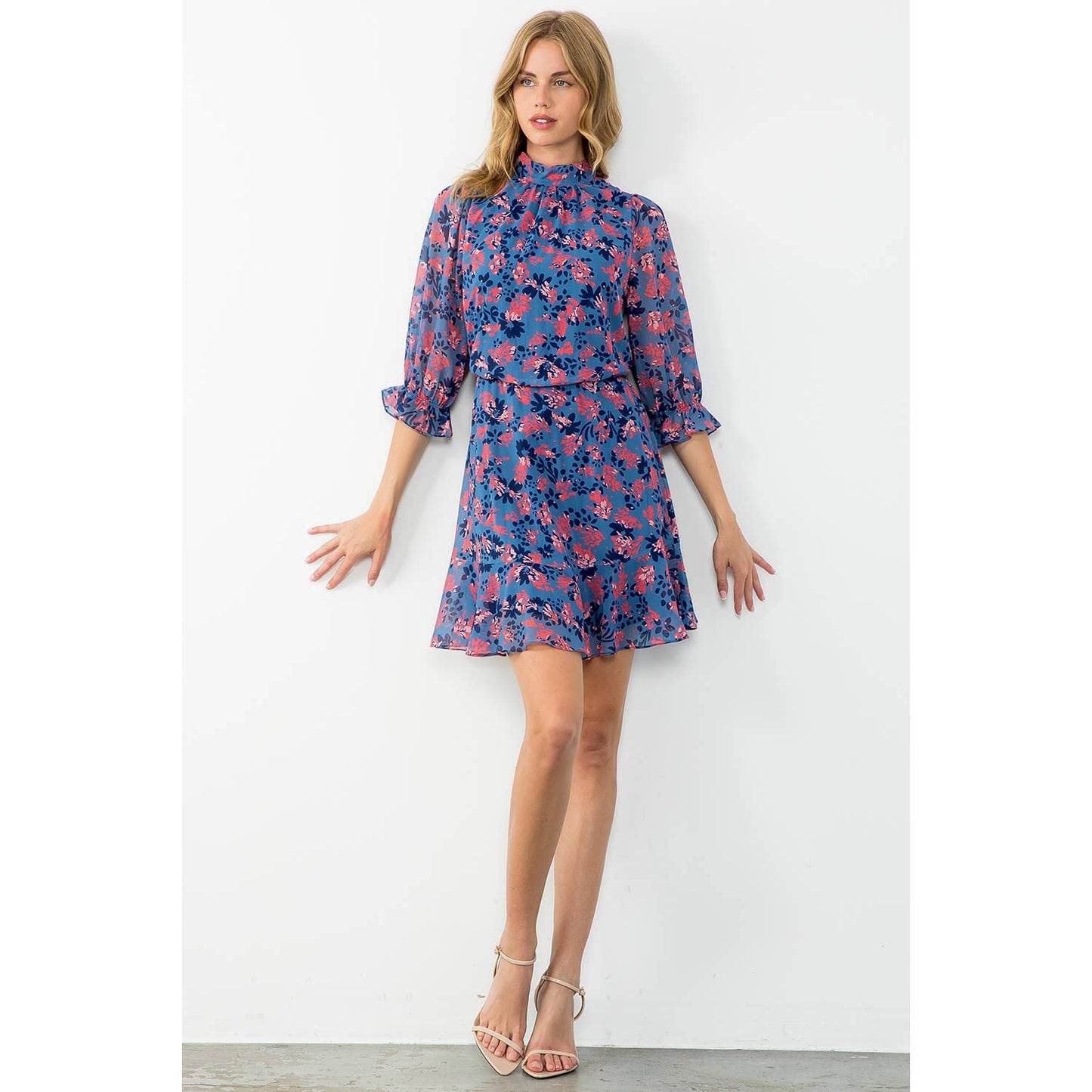 Blue Flower Print Flutter Sleeve Dress