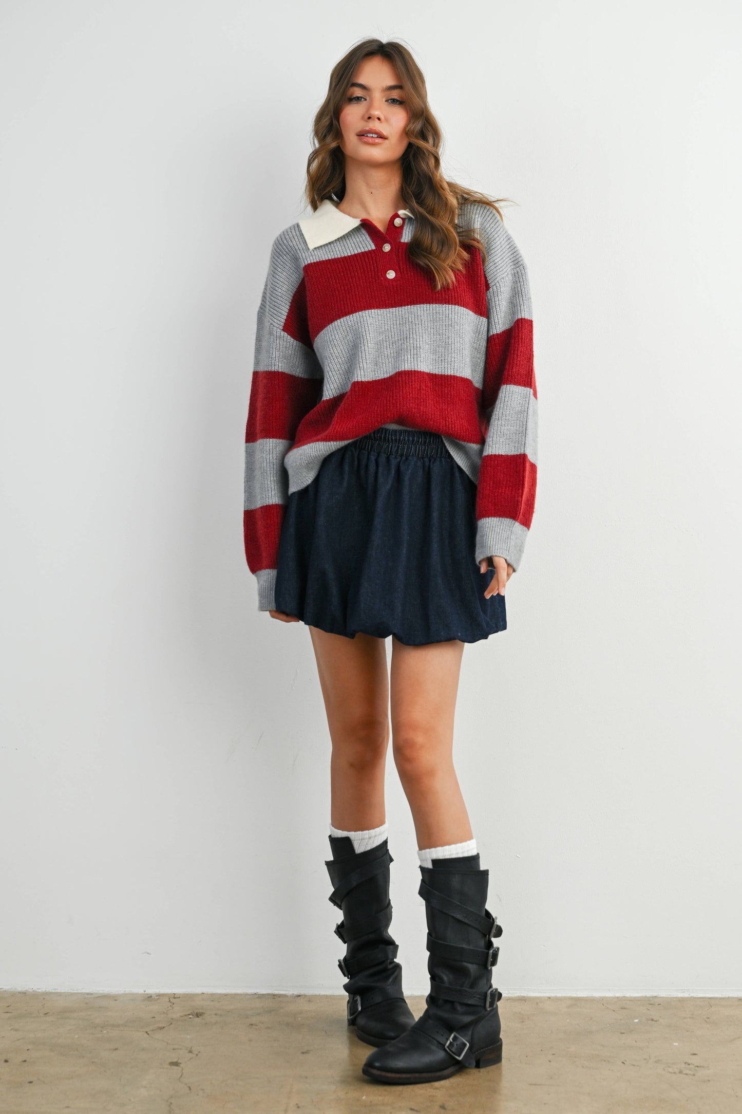 Buttoned Striped Collared Long Sleeve Top