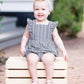 Baby Girls Navy Micro Stripe Woven Pinafore Cross-Back Bubble Romper