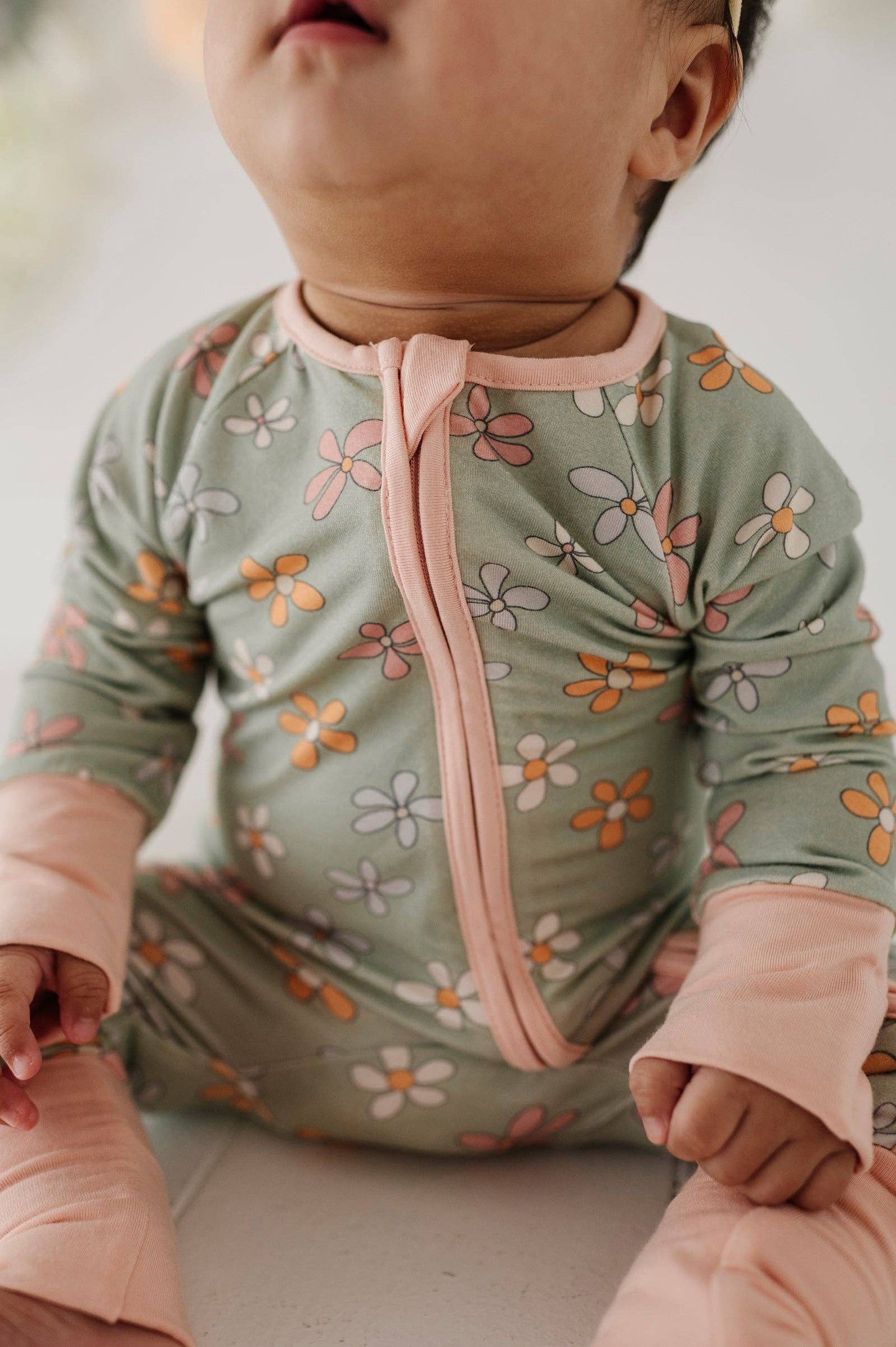 Long Sleeve Zip Romper- Sketched Daisy