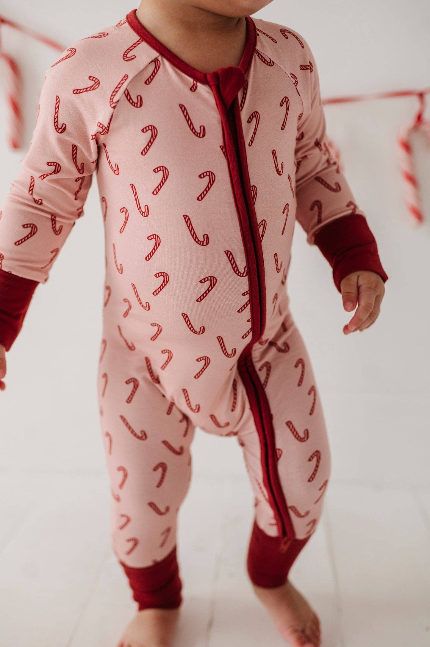 Long Sleeve Zip Romper Bamboo- Candy Cane