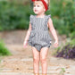 Baby Girls Navy Micro Stripe Woven Pinafore Cross-Back Bubble Romper