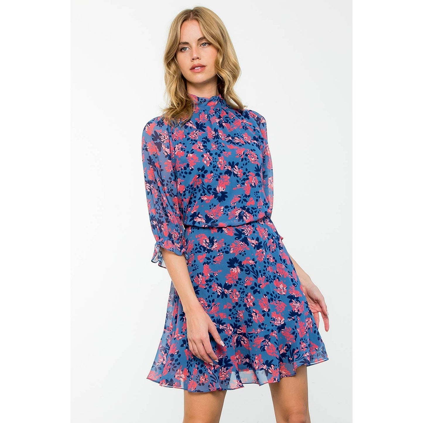 Blue Flower Print Flutter Sleeve Dress