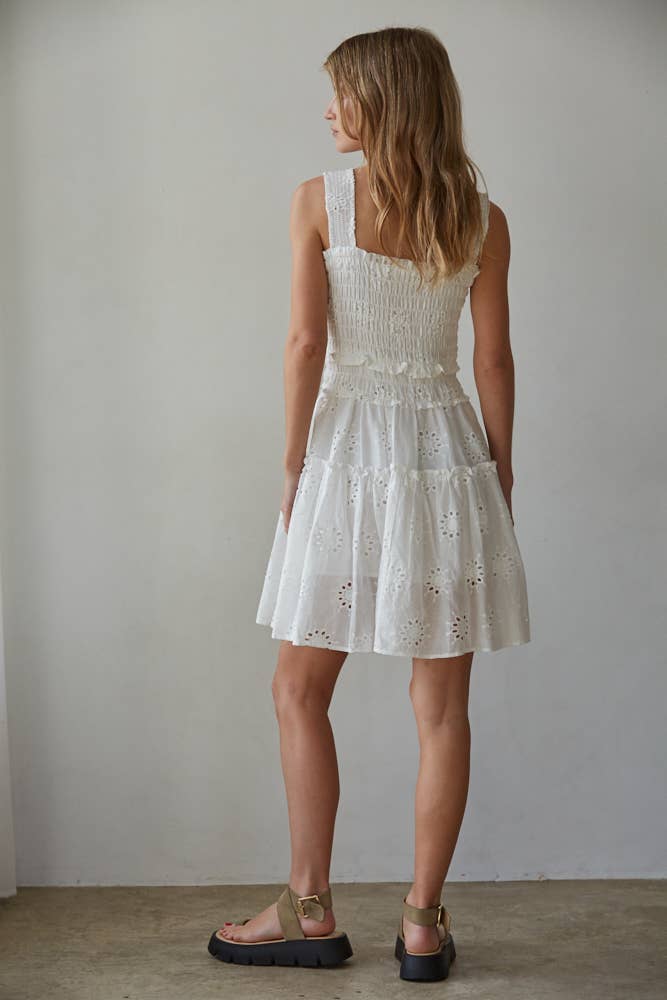 Eyelet Smocked Sleeveless Mini Dress