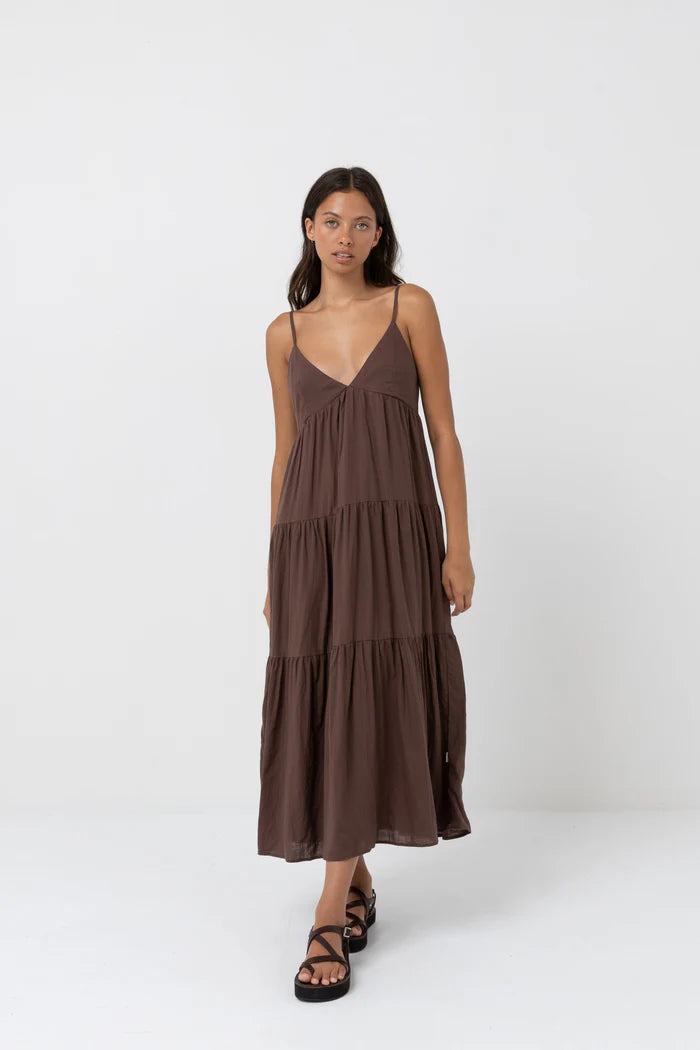 Rhythm Classic Tiered Midi Dress- Chocolate