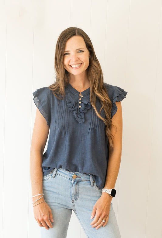 Button V-Neck Short Sleeve Top
