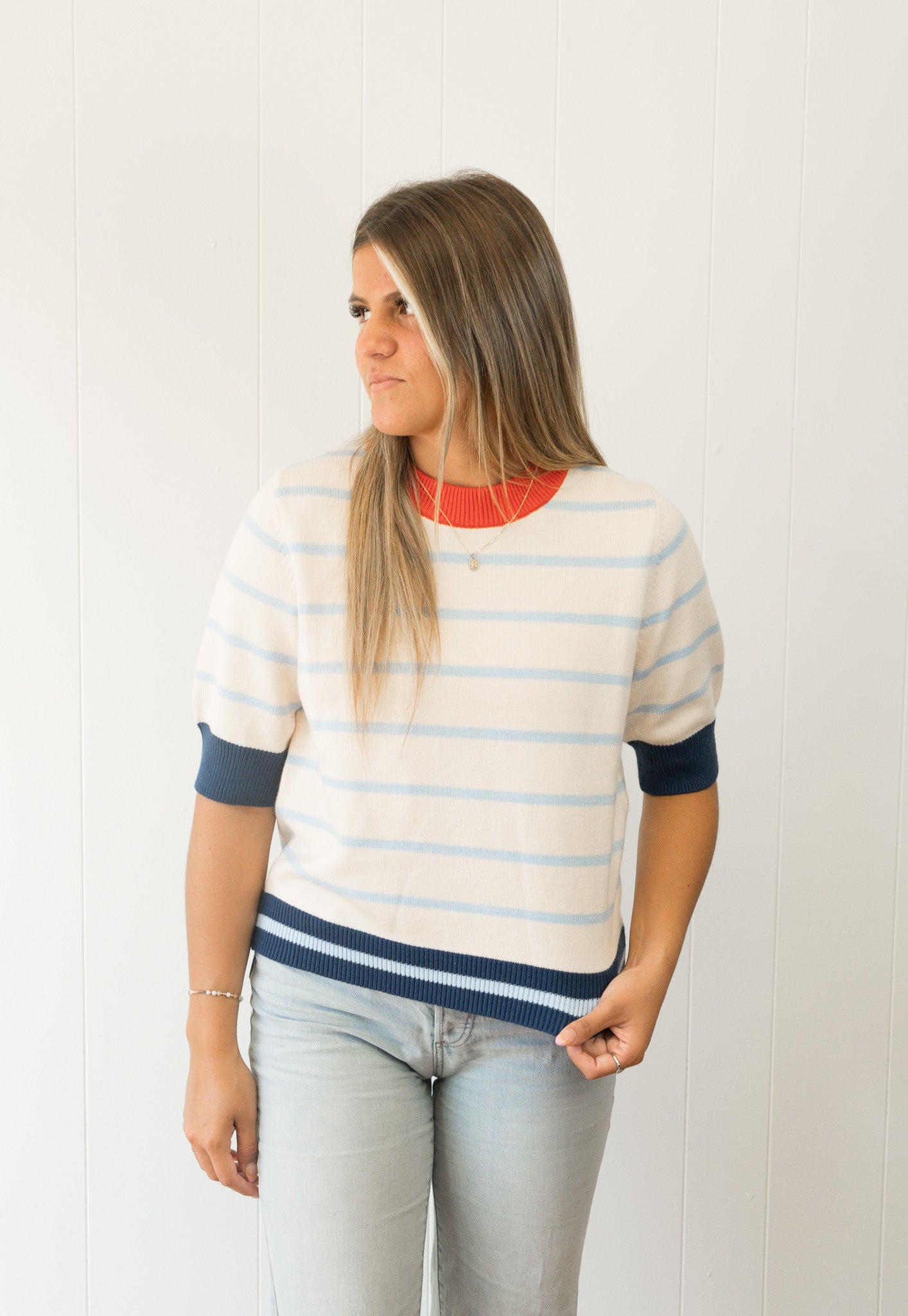 Colorblock Rib Trim Striped Knit Top