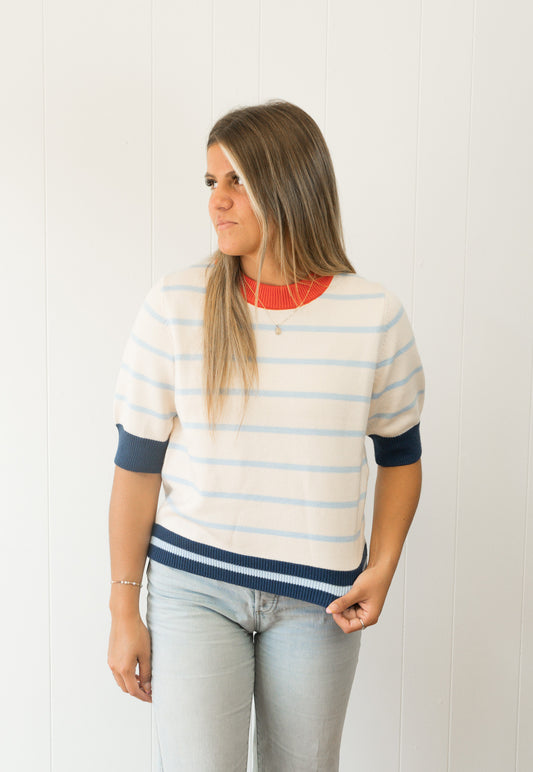 Colorblock Rib Trim Striped Knit Top