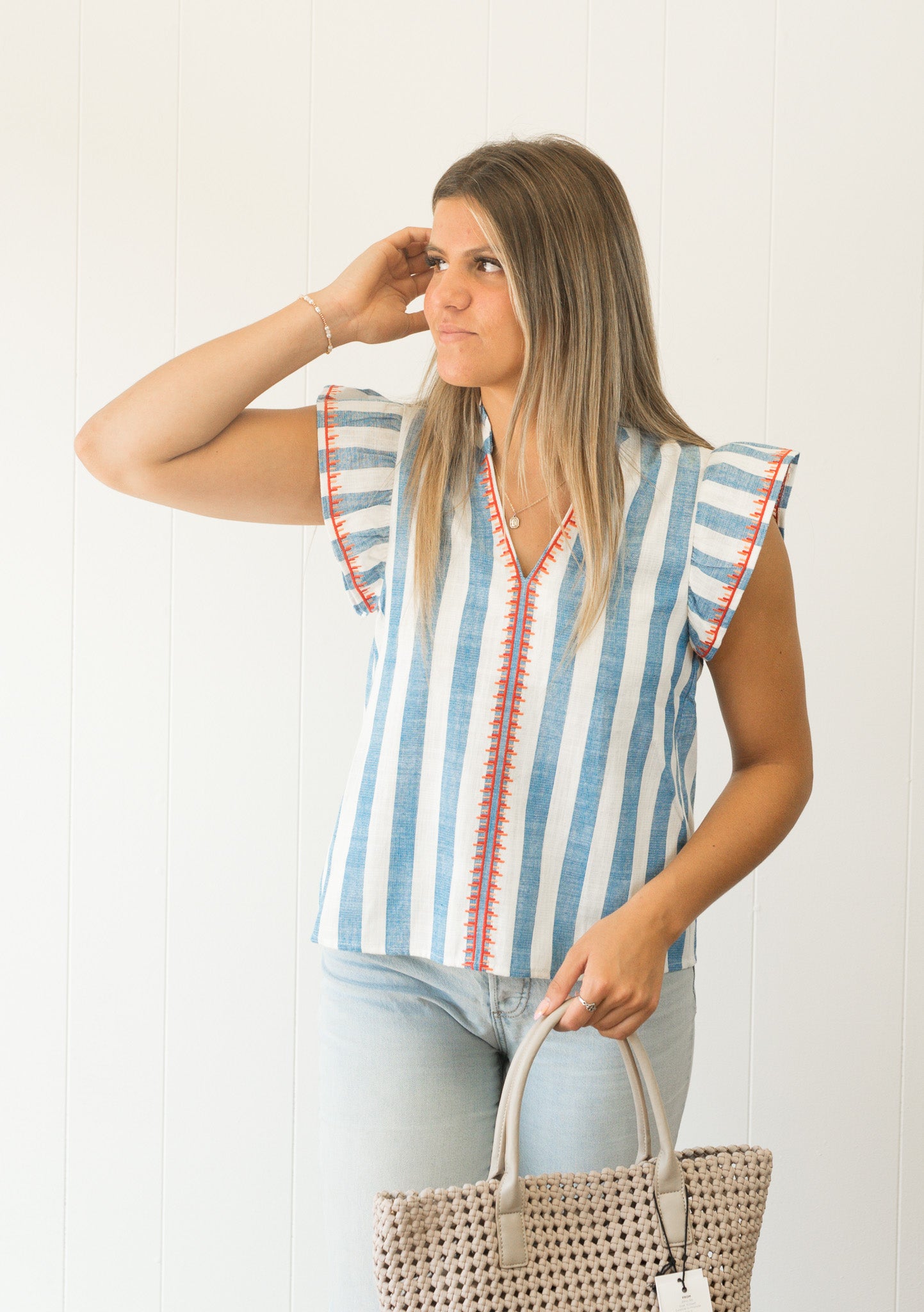 Flutter Sleeve Striped V-Neck Top