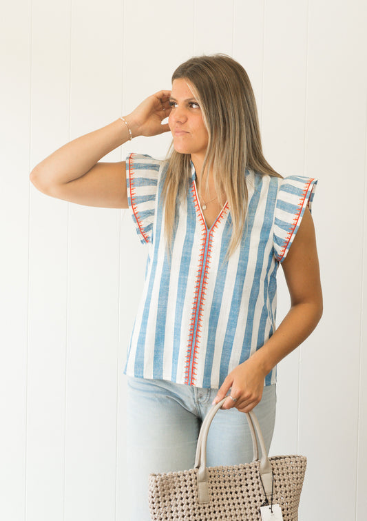 Flutter Sleeve Striped V-Neck Top