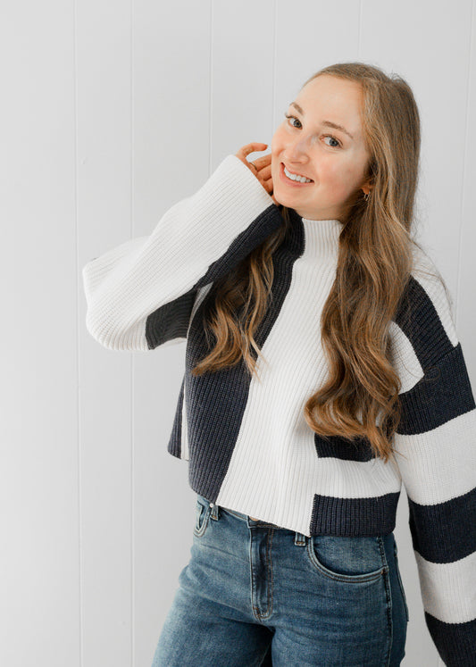 Color Block Mock Turtleneck Sweater