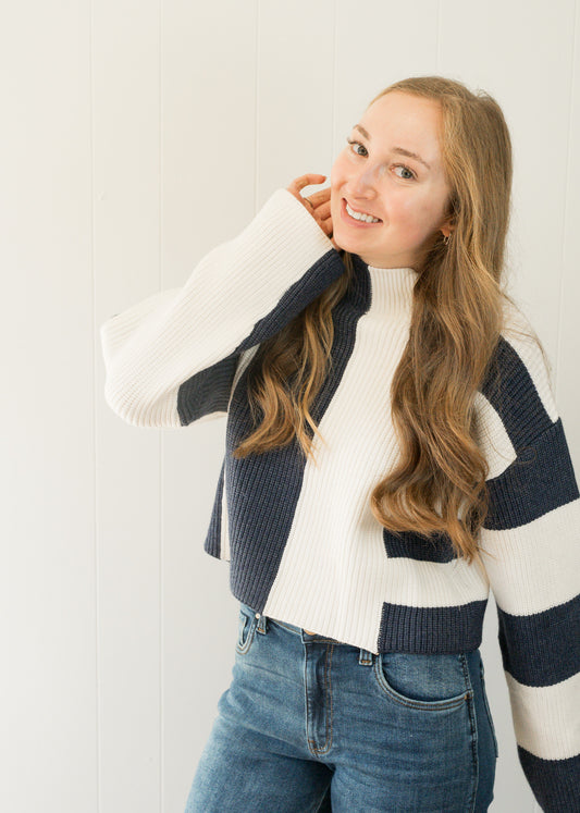 Color Block Mock Turtleneck Sweater