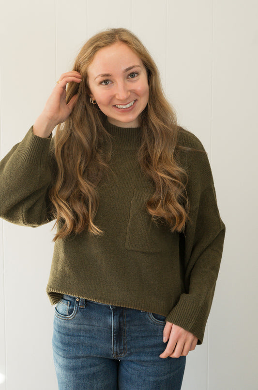One Pocket Crew Sweater- Dirty Martini
