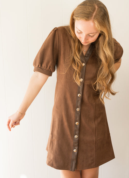 Puff Sleeve V-Neck Button Up Suede Dress