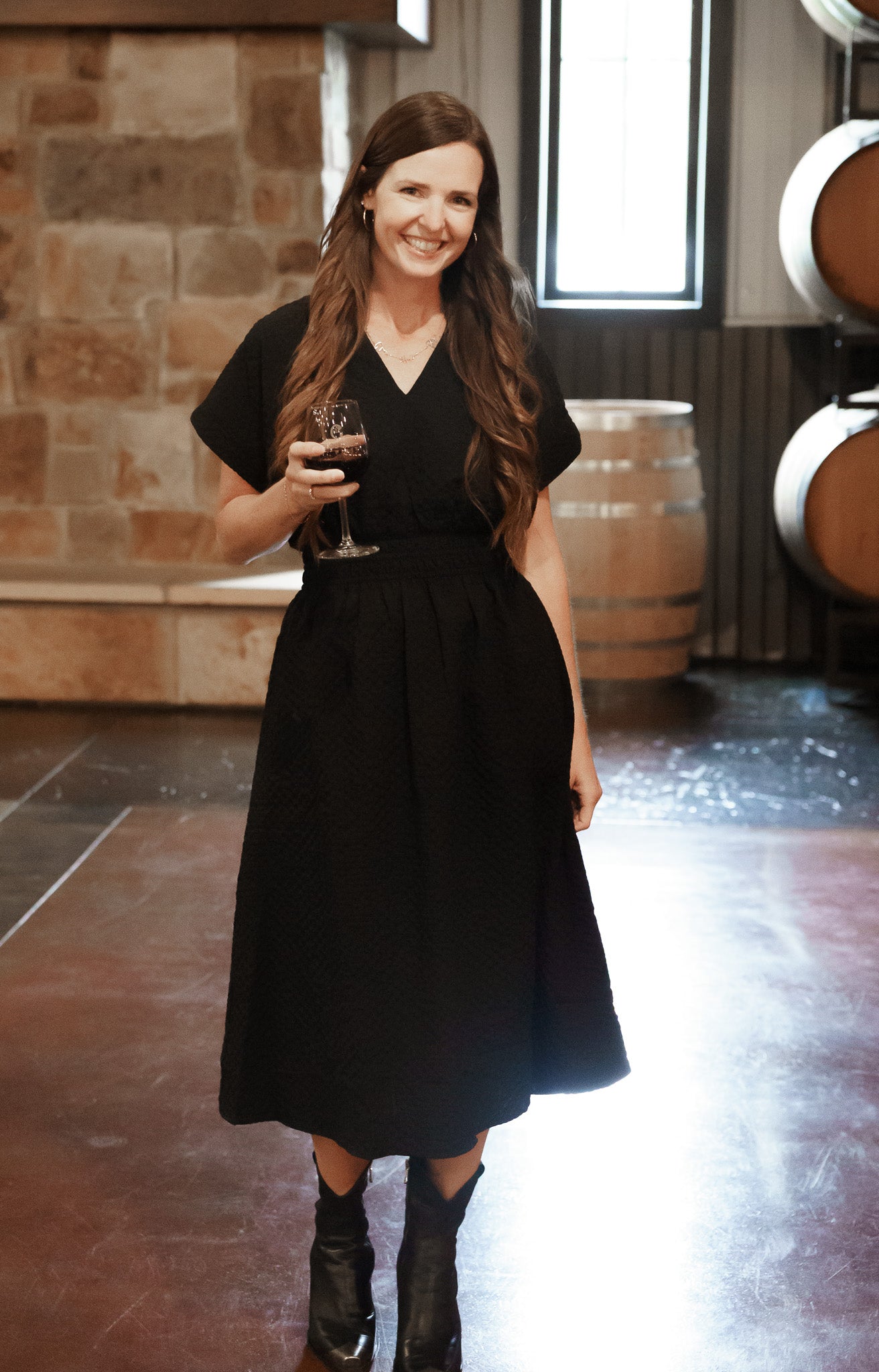 Textured Split Neck Smocked Waist Dress